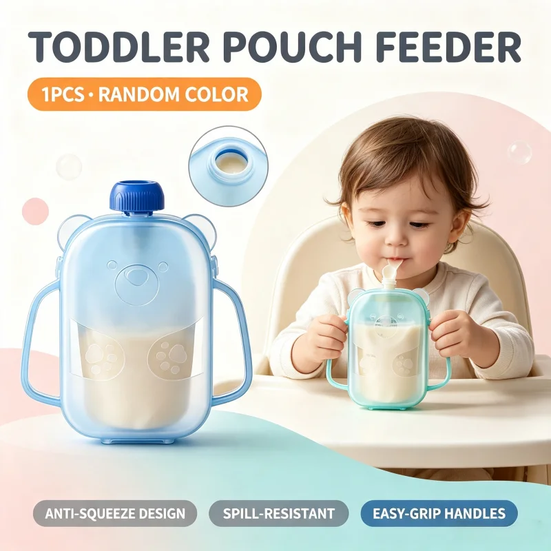1PCS Random Color Bear‑Shaped Baby Pouch Holder, Spill‑Proof Anti‑Squeeze Snack Feeder with Handles, Toddler Utensil for Fruit V