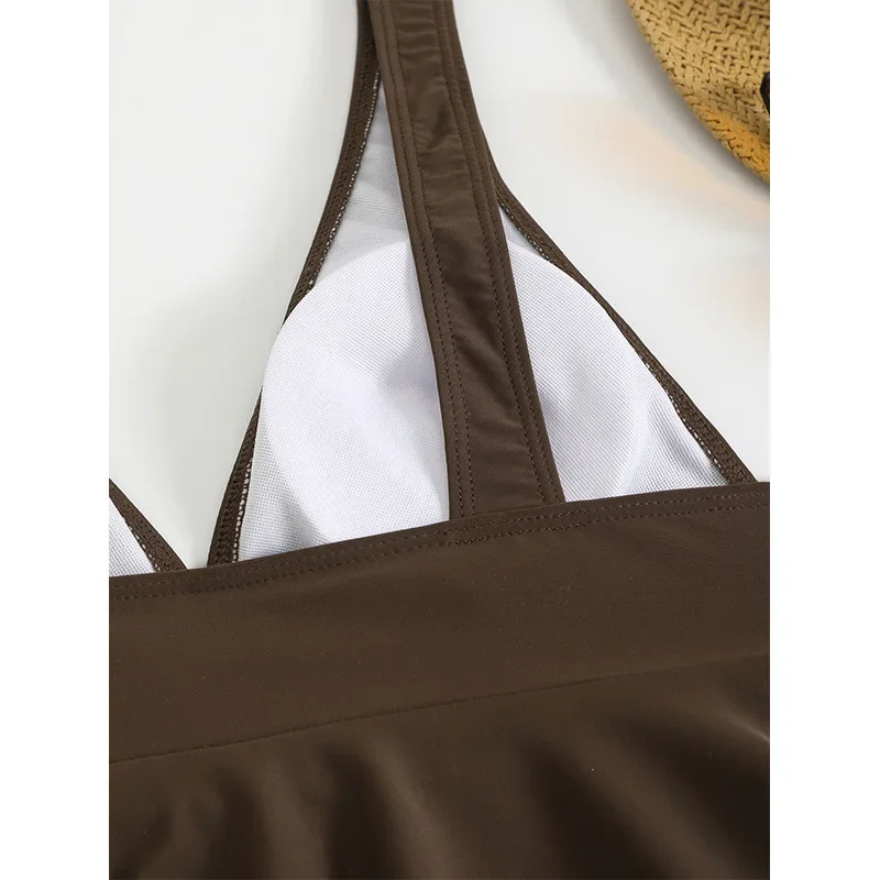 Bruine tweedelige zwemkleding vrouw zomer badmode vrouwelijke tankini sets strandkleding badpak ruche vrouwen zwempak tiener