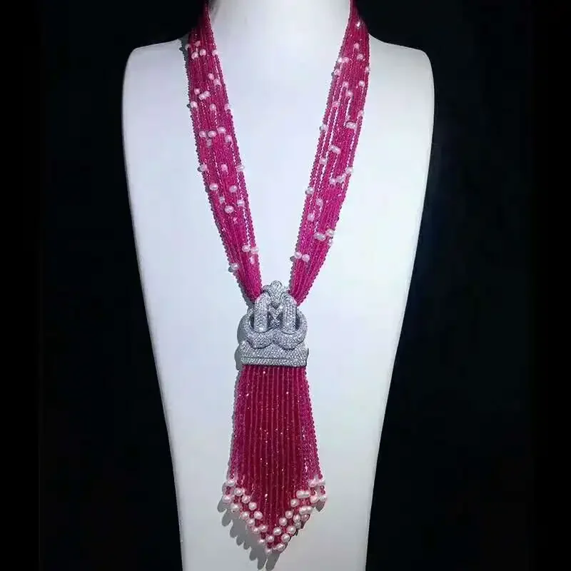 

New style 8strands red green glass white freshwater pearl tassels necklace micro inlay zircon accessorie fashion jewelry