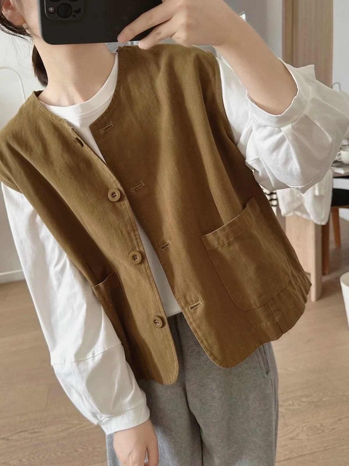 

Retro Workwear Vest Women's Early Autumn Loose Versatile Slimming Layering round Ne oulder Pad Jaet Top with kets