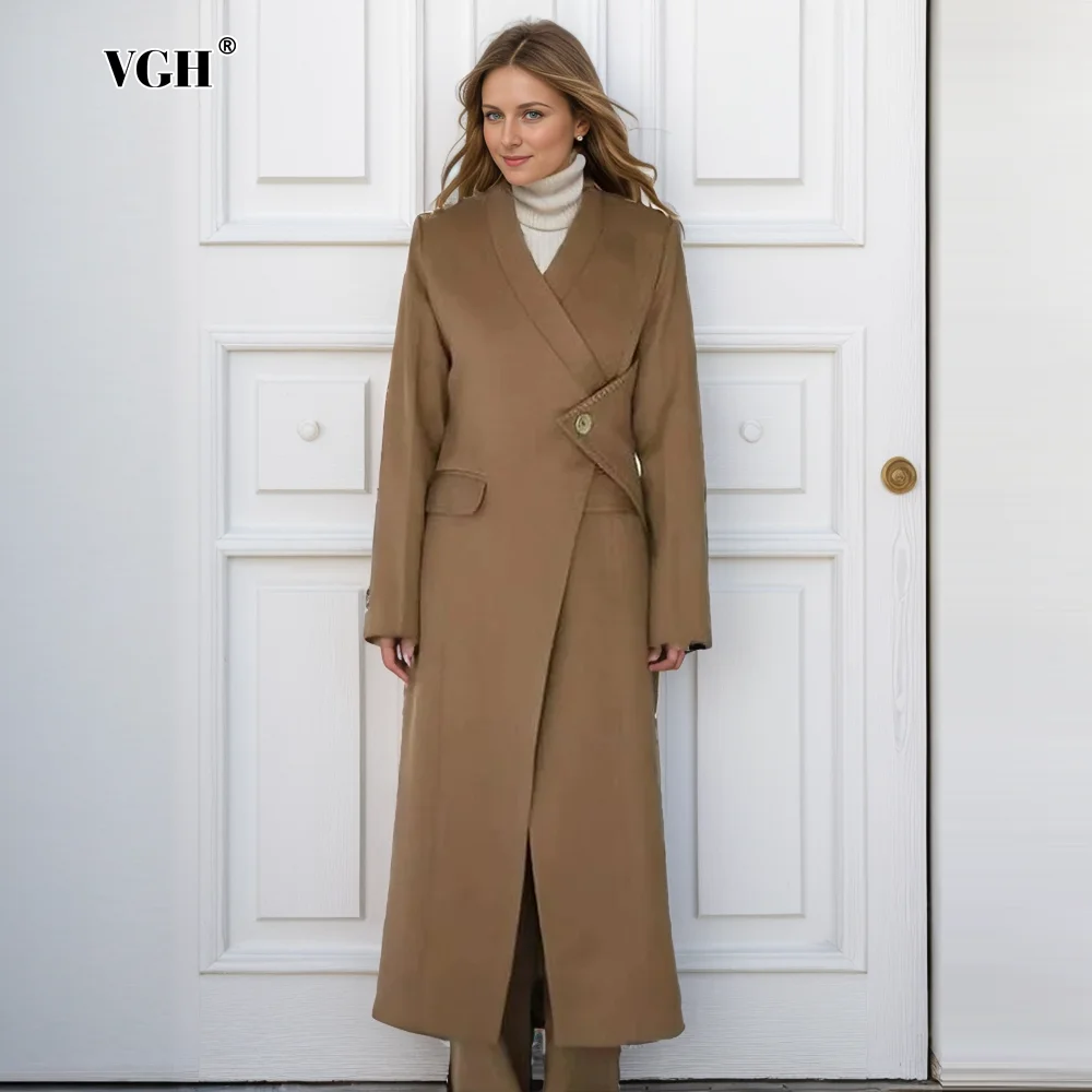 

VGH Solid Patchwork Pockets Chic Trench For Women V Neck Long Sleeve Spliced Button Temperament Slim Coats Female Fashion New