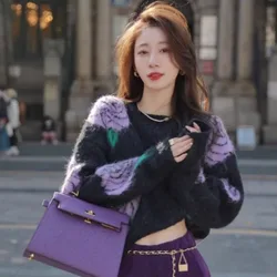 Sweater Winter High Grade Temperament Knitwear Pullover Women Small Fragrant Purple Sweater O Neck Long Sleeve Sweater Female