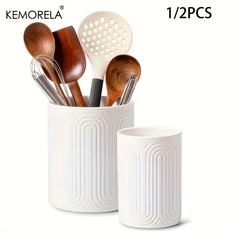 Keramik-Utensilienhalter-Organizer – Vorratsglas für die Küchenarbeitsplatte für Gabeln, Löffel, Messer, weißer Porzellankanister, 1/2 Stück