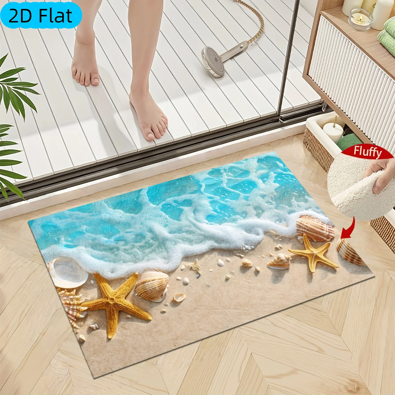 Beach Wave Rug Velvet Flannel Printed Floor Mat Sea Shell Starfish Design Soft Absorbent Bathroom Carpet Home Decor