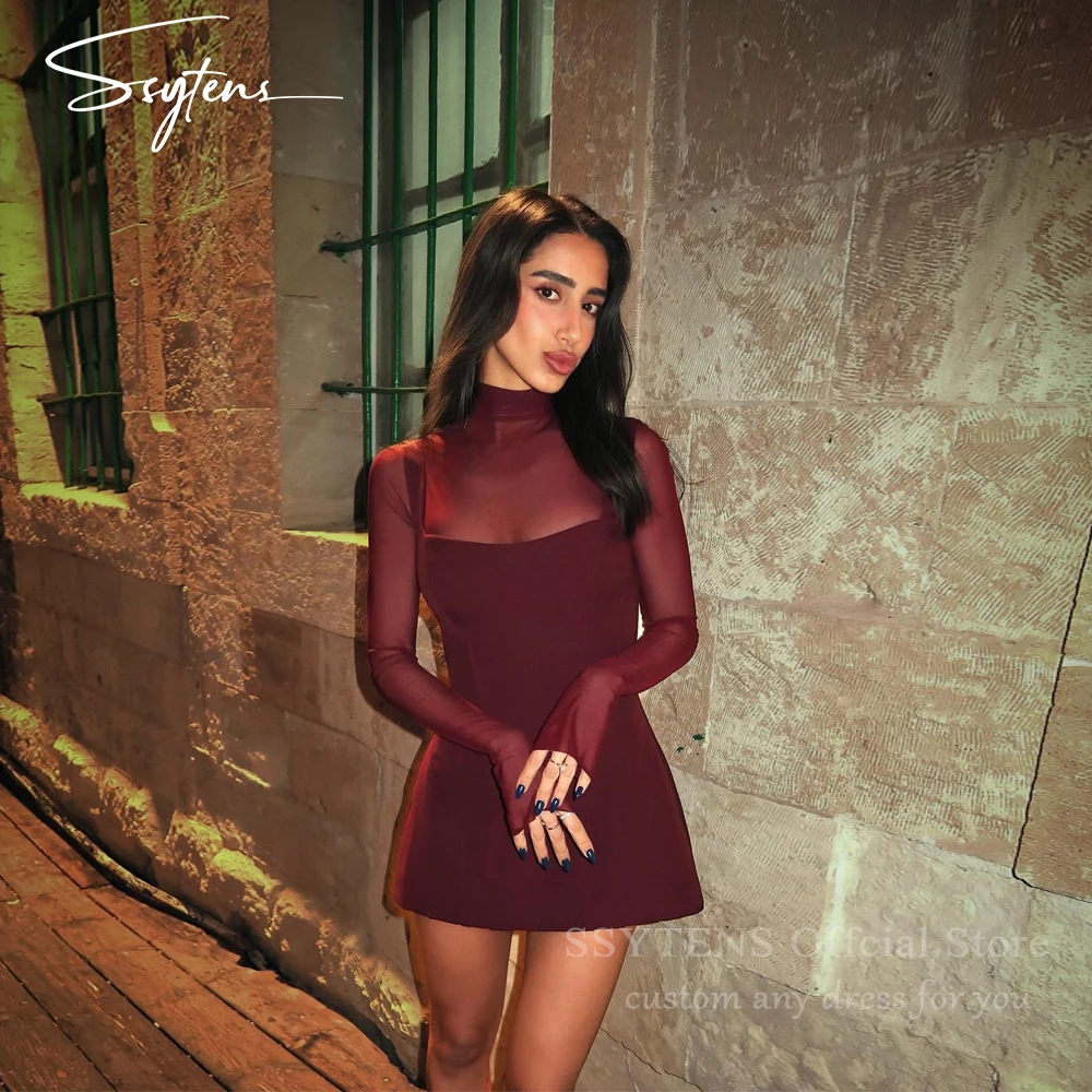 

SSYTENS Burgundy Short Mini Prom Dresses Graduation Dinner Events Dress Above Knee Illusion Banquet Party Gowns Cocktail Dress