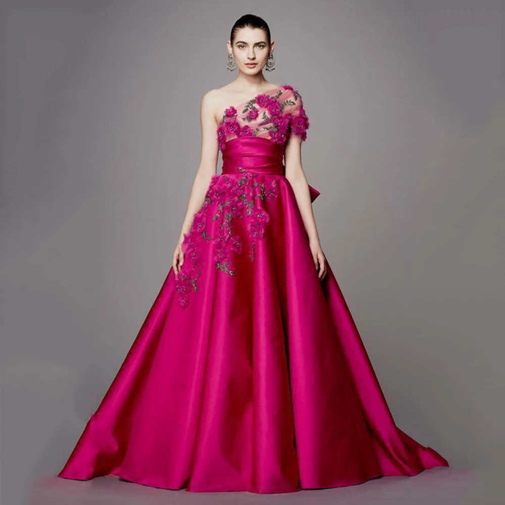 Exquisite Rose Red Women Prom Dresses One Shoulder Sleeve A-Line Floor Length Appliques Pretty Female Evening Party Gowns