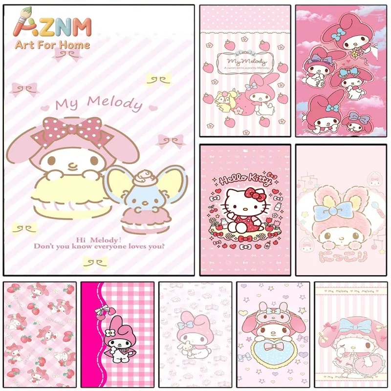 Sanrio My Melody Pink Stripe Bow Cute Bunny Canvas Wall Print No Frame Art Poster Kids Bedroom Wall Decor Home Hanging Pictur