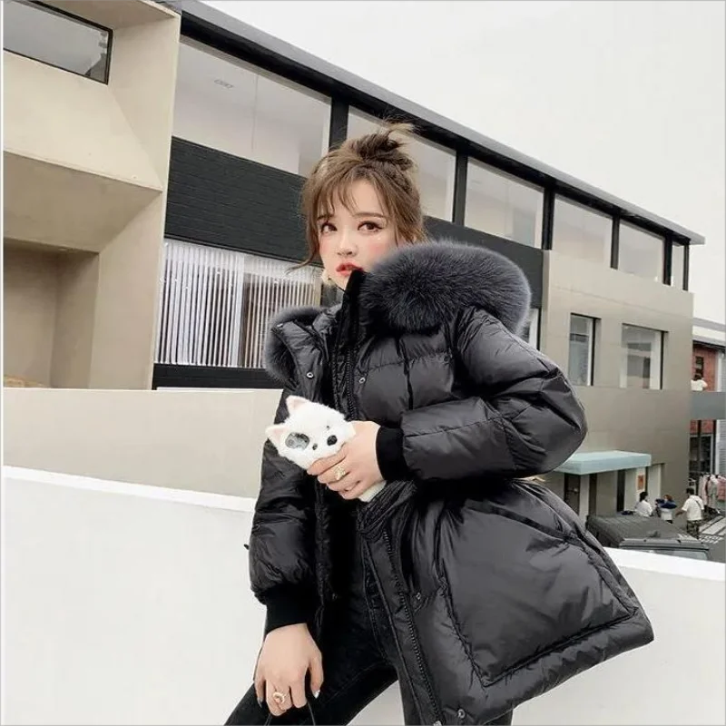 2024 Loose Big Fur Collar Hooded Jacket Women Thicken Cotton Padded Parkas Coat Autumn Winter Female Warm Clothes Outwear