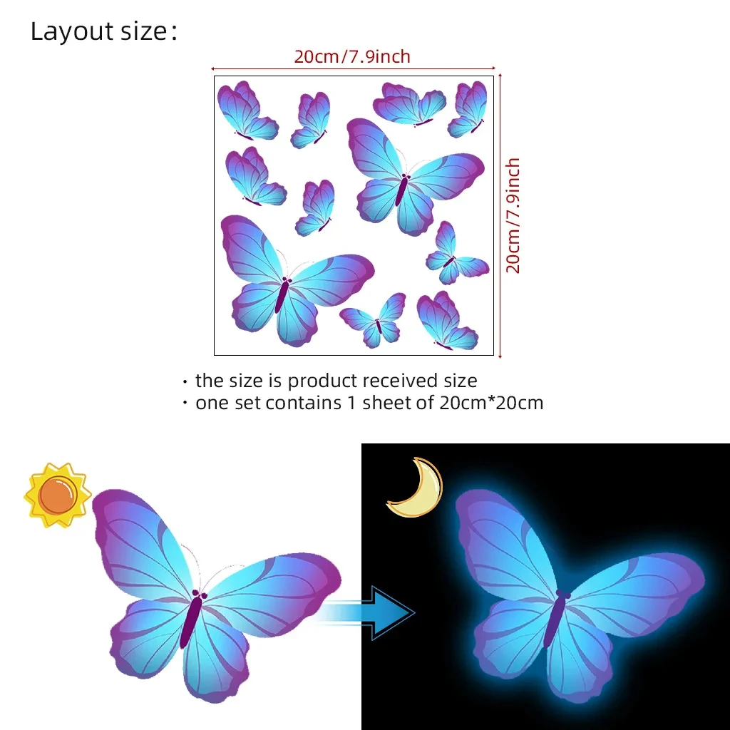 Luminous Butterfly Blue Pink Green Color Wall Sticker Decorative Luminous Self-Adhesive Wall Sticker PVC Atmosphere Appreciation