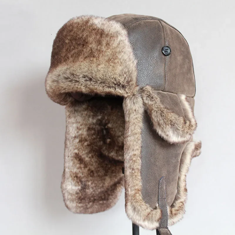 Adult Bomber Hats Winter Men Warm Windproof Russian Ushanka Hat With Ear Flap Pu Leather Fur Man Male Trapper Cap Earflap