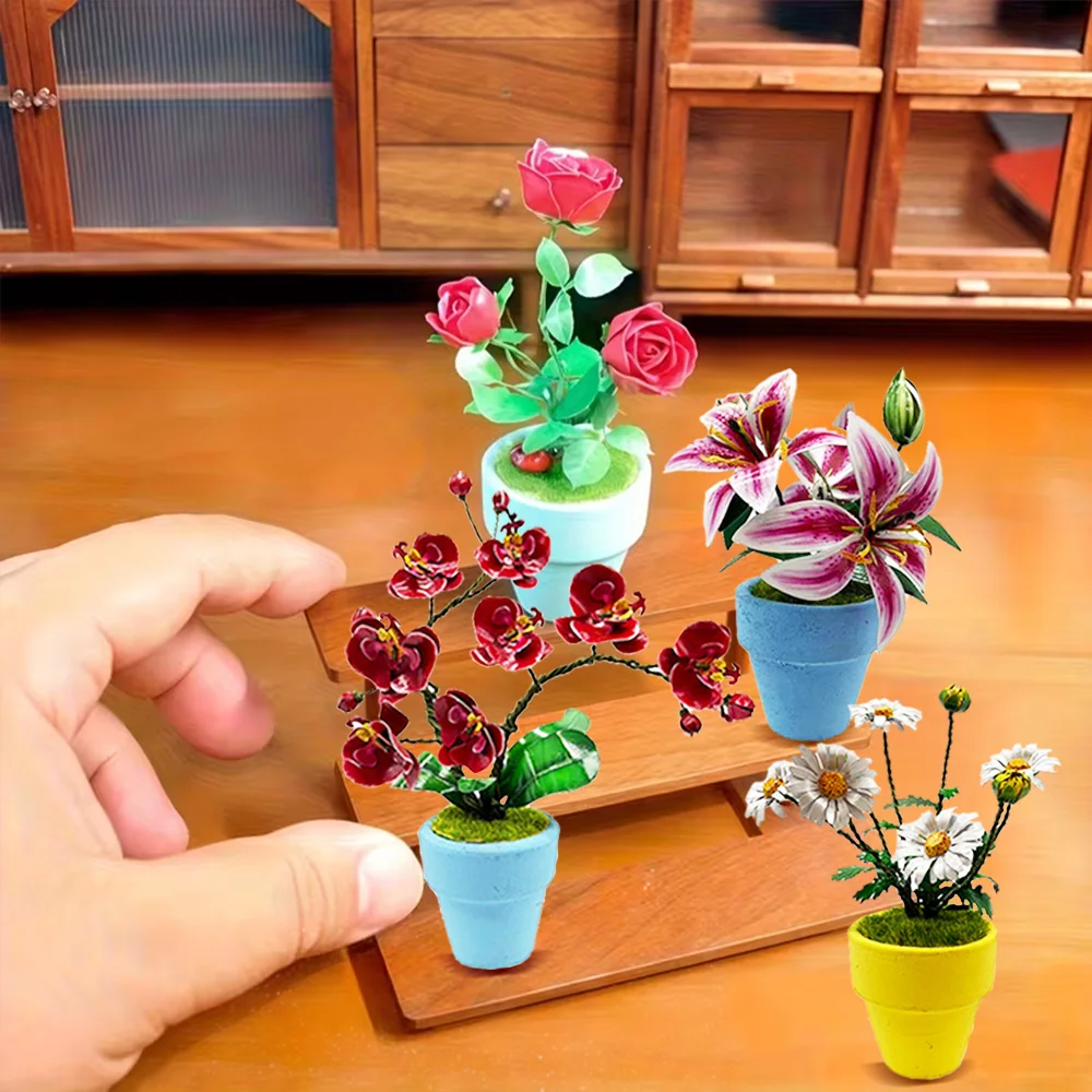 3D Metal Flower Plant Model Building Kit with Pot DIY Assembly Craft Creative Iron Flower Rose Lily Home Office Desk Decor Adult