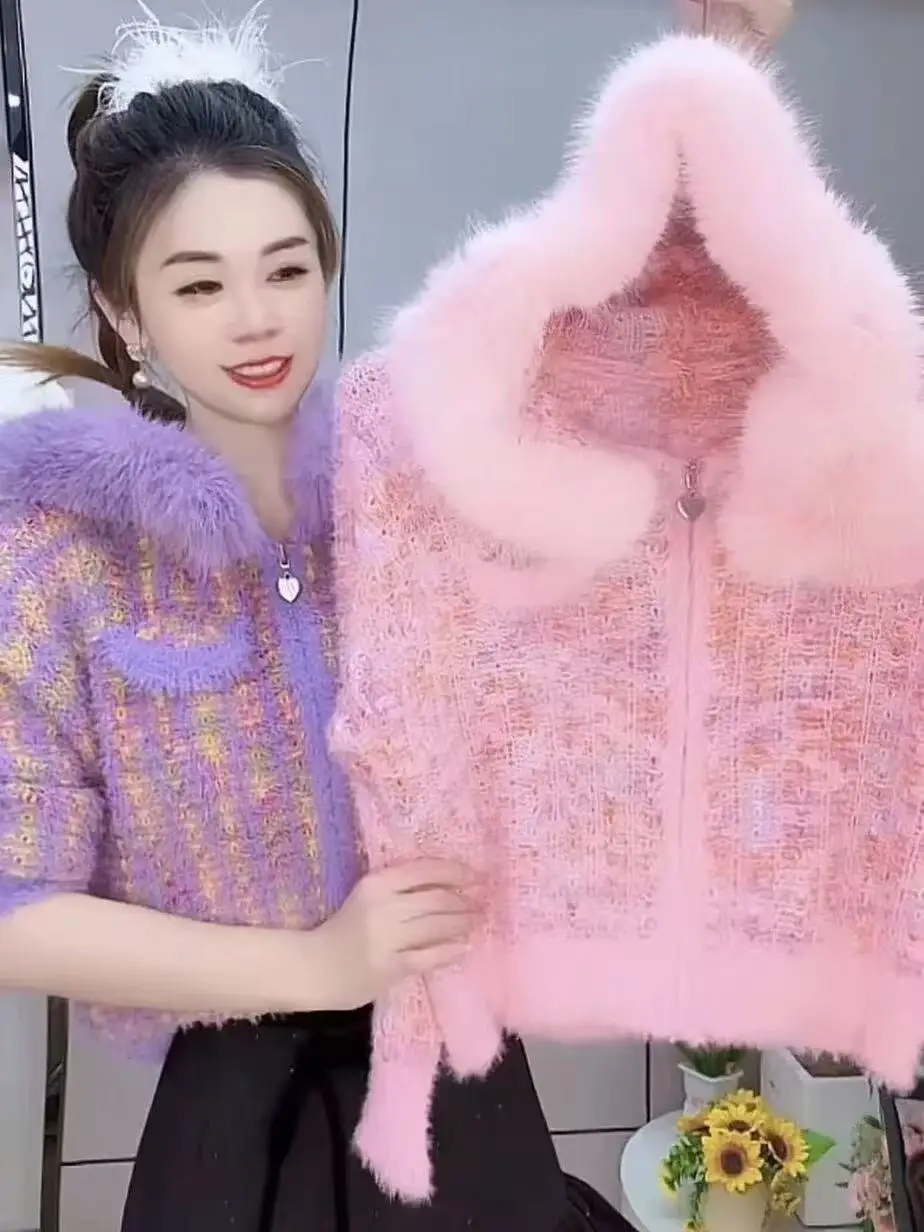 

Autumn Winter Warm Faux Mink fur Hooded Sweater Coat for Women Long Sleeve Zipper Knitted Cardigan Jacket Knitwear Outwears