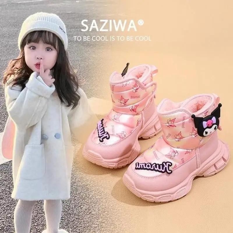 Snow Boots Hot Sanrio Girl Boots Kuromi Hello Kitty Kawaii Children Winter Style Non-Slip Thick Bottom Cotton Shoes Cartoon