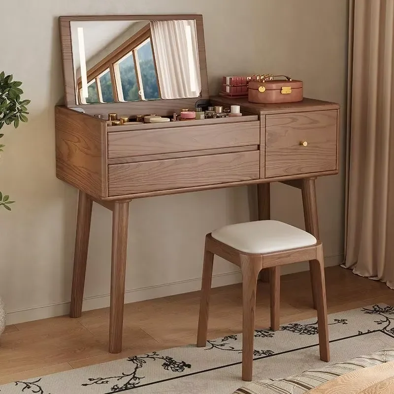 Eco Solid White Oak Flip-top Vanity Desk with Lighted Mirror, All-in-one Convertible Dressing Table, Perfect Compact