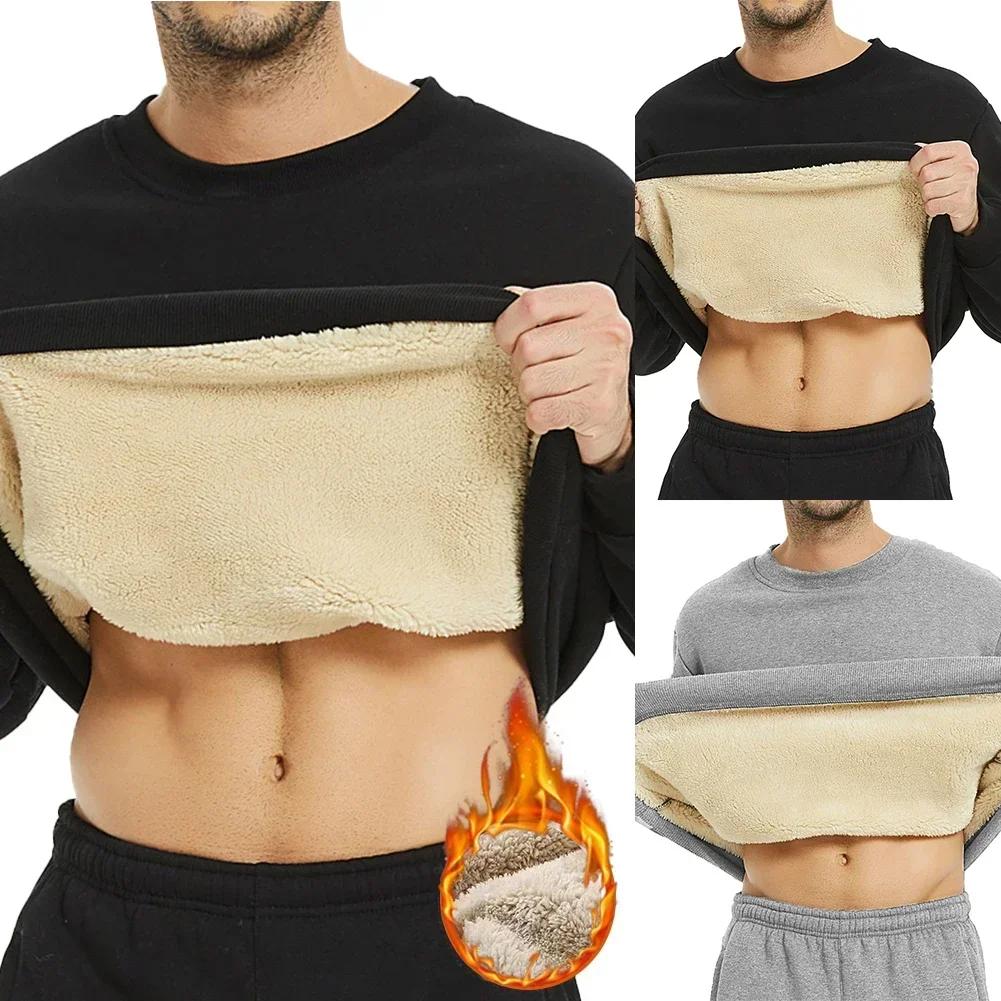 Winter-Herren-Warmfleece-gefüttertes Langarm-T-Shirt Dickes O-Neck Einfarbiges Basic-Pullover-Sweatshirt Thermounterwäsche Oberteil für Männer – Detail 1
