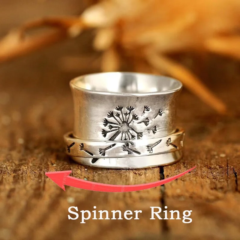 Luxury Designer Anti Stress Anxiety Rings for Women Engraving Dandelion Ring Rotate Freely Spinning Ring Vintage Wedding Jewelry