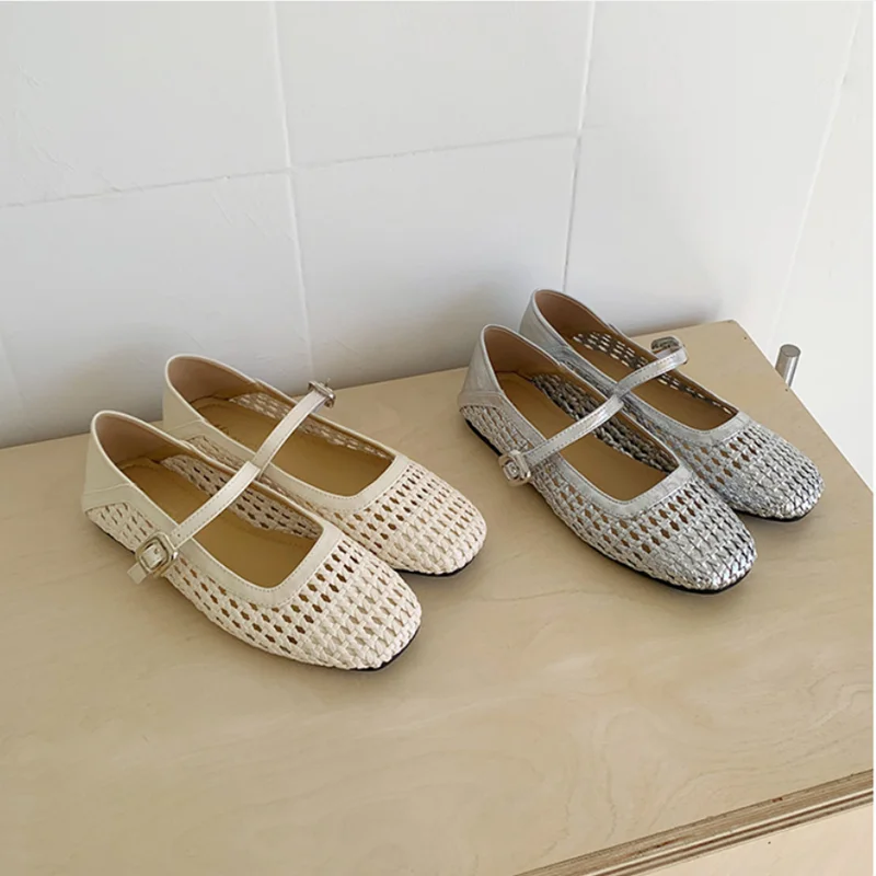 

DIMANYU Women's Mary Jane Shoes 2026 New Summer Woven Hollow Women Flat Shoes Large Size Ballet Shoes For Women