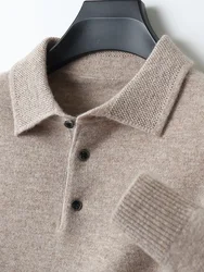 Polo Collar T-Shirt Men Wool Sweater Pullover Spring Autumn Smart Casual Cashmere 100% Merino Wool Knitwear Soft Jacquard Jumper