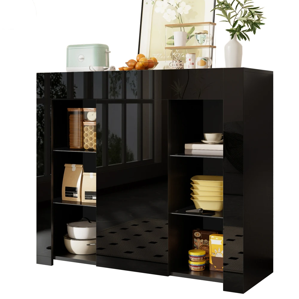 Morden Schwarzes Buffet mit Hochglanzfront, kompakte, stilvolle Aufbewahrungslösung mit Glasböden und Schranktür für das Wohnzimmer – Detail 2