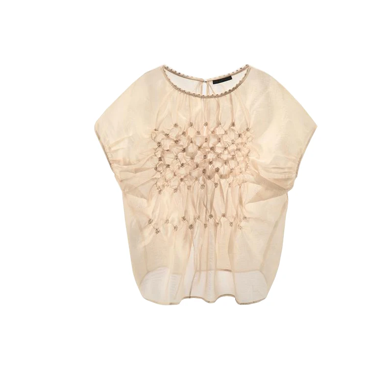 Spring New Women's round Ne ort Sve Embroidered Semi-Transparent Fabric Top Loose Fit Commute Sle Pure Color 4786002