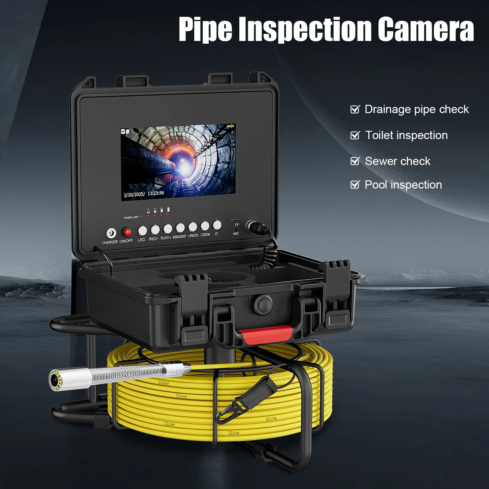 7 Inch Sewer Inspection Camera, 17MM Drain Piping Endoscope Camera IP68 Waterproof Industrial Sewer Camera with 12 LEDs 32GB DVR
