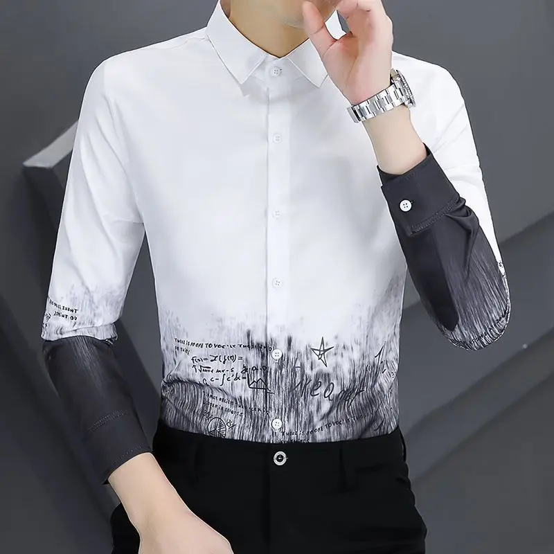 Korean Autumn 2024 Men\'s New Patchwork Square Collar Button Printing Geometric Business Minimalist Casual Long Sleeved Shirts