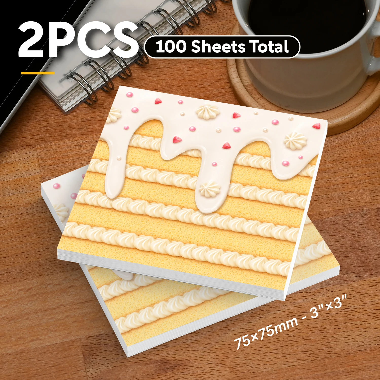 2PCS Cream Cake Self Adhesive Sticky Notes 100 Sheets Frosting Dessert Pattern Memo Pads Sweet Food Theme Office Stationery