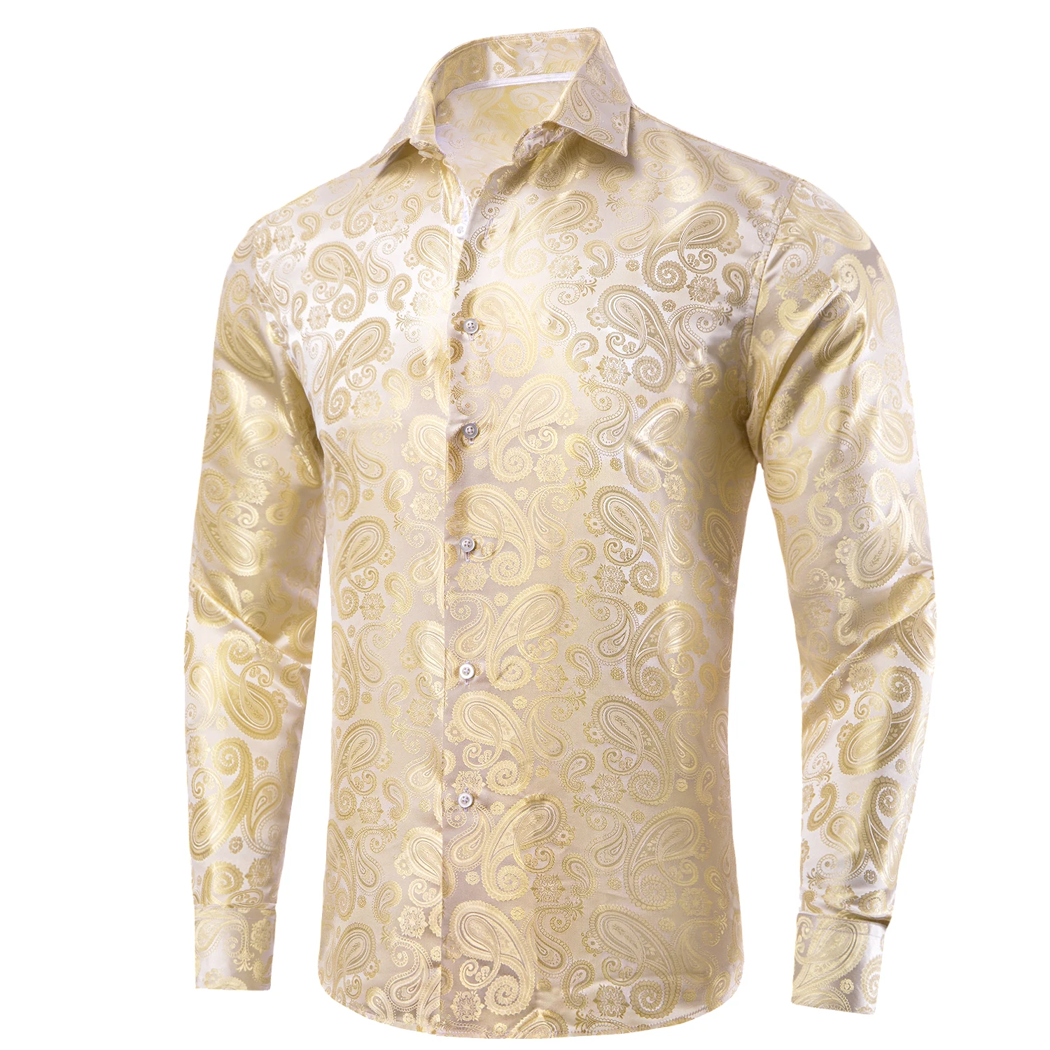 Hi-Tie Light Color Silk Summer Mens Shirts Lapel Collar Hawaii Long Sleeve Dress Shirt Breathable Blouse for Male Wedding Office