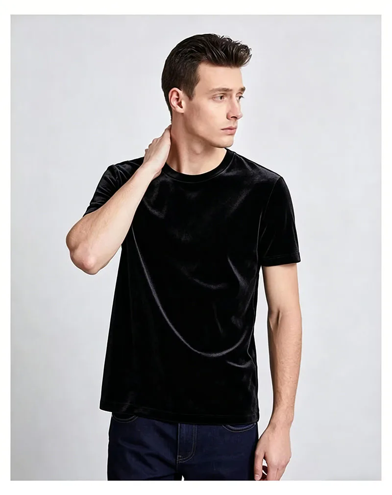 Natural Silk Velvet Men's T-shirt Short Sleeve Round Neck Pullover Simple Style Casual Top Comfortable Soft with Shiny Finish
