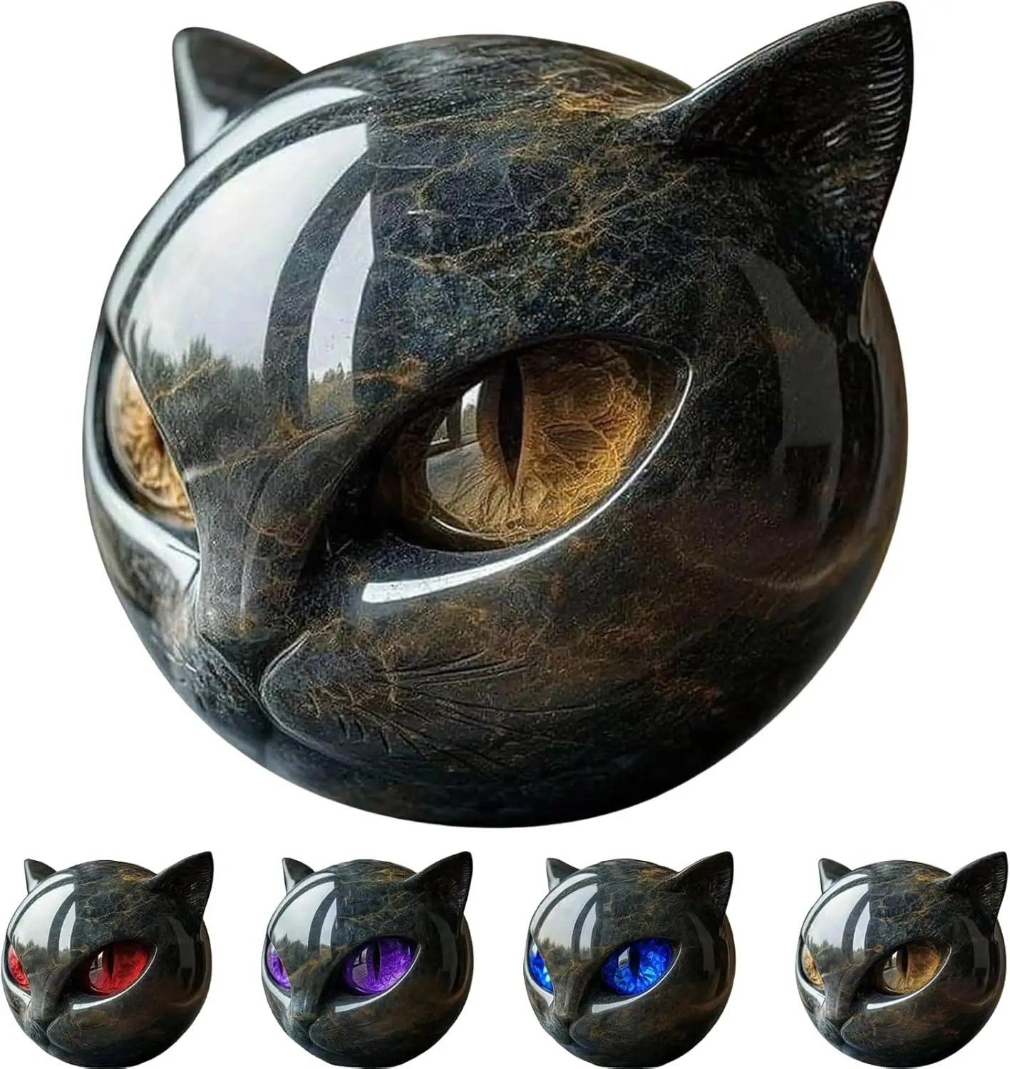 Schwarze Katzenstein-Skulptur, handgefertigte Kunstharzstatue in Marmoroptik mit bernsteinfarbenen Augen, elegante Heim- und Büro-Regaldekoration