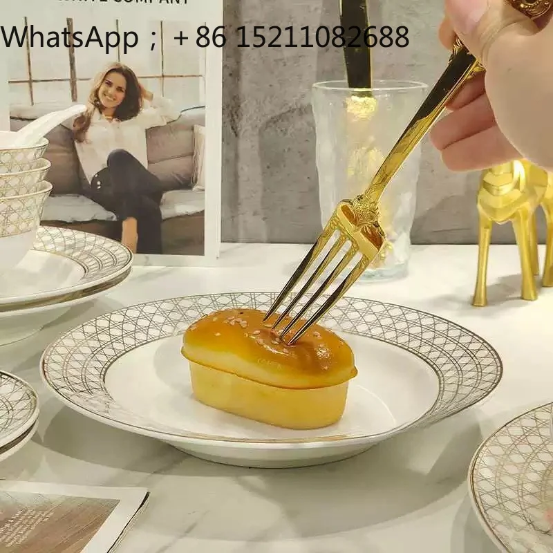 SCY light luxury tableware set bone china gold plaid bowl spoon plate plate combination housewarming gift