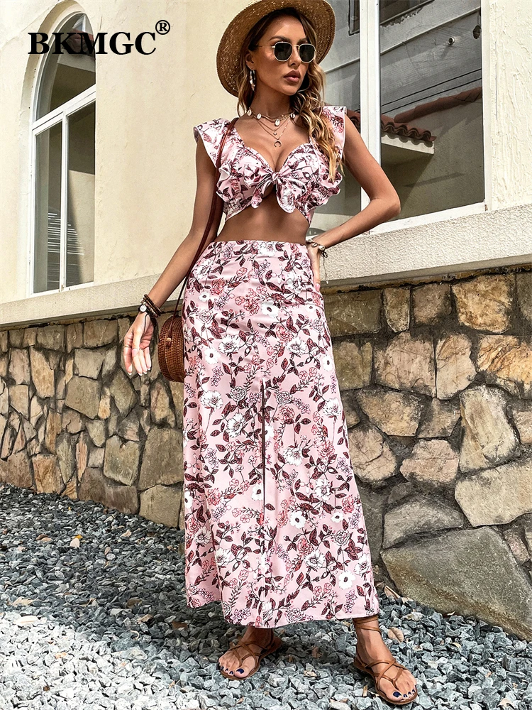 

BKMGC Skirt Suits Sets Summer Outfit Women 2022 Sexy Split Long Skirt+Bra Tie Bow Top Print Two Piece Suit Women Outfits 2883