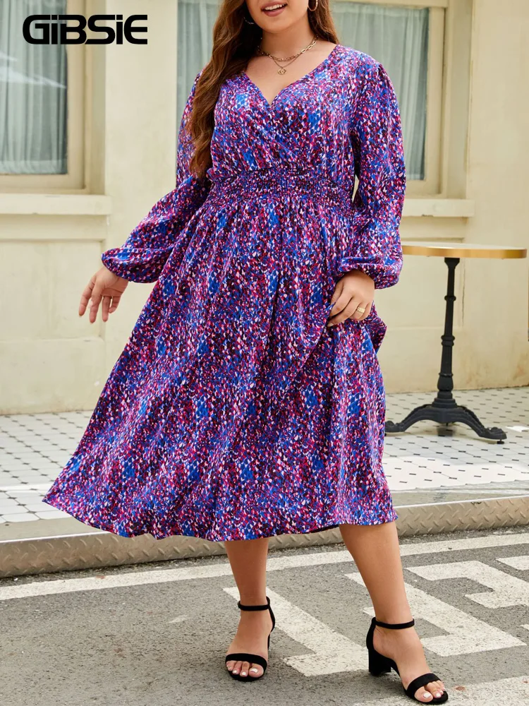 GIBSIE-Vestido longo com estampa boho feminino, envoltório com decote V, manga cheia de lanternas, cintura alta, vestidos linha A, elegante, casual, plus size, 2019