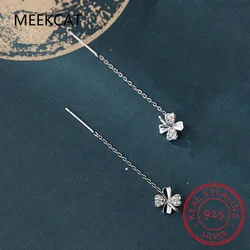 Real 925 Sterling Silver 4CM Chain Tassel Zircon Clover Drop Earrings For Women Party Fine Jewelry Accessories Gift