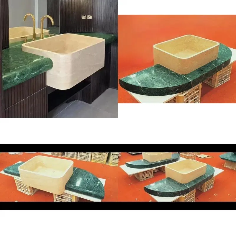 Custom Hand Carved Thick Beige Travertine Bathroom Sink Washbasin for Hotel Chain