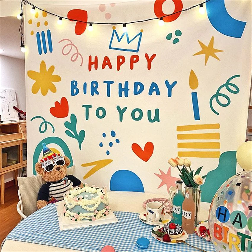 Happy Birthday Background Tapestry Cloth Kawaii Children\'s Room Wall Decoration Kids\' Dormitory Cartoons Home Party Decor