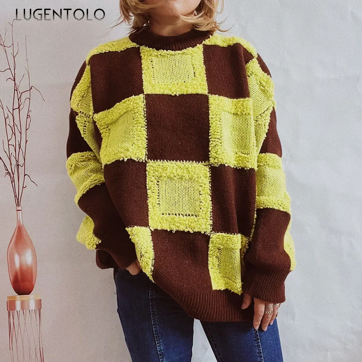 Women Loose Thickened Sweater Fashion Checkerboard Grid O-neck New Autumn Winter Lady Casual Pullover Knitted Clothing