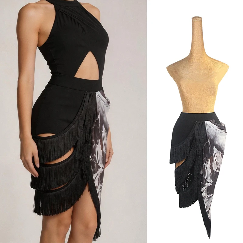 

2026 Women Latin Dance Costumes Adults Practice Clothes Irregular Tassels Skirt Chacha Rumba Tango Dance Female Wearing DQL12740