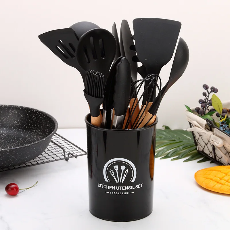 

Silicone Kitchenware Cooking Set Wooden Handle Kitchen Tool Non-stick Cookware Spatula Shovel Egg Beaters Utensils