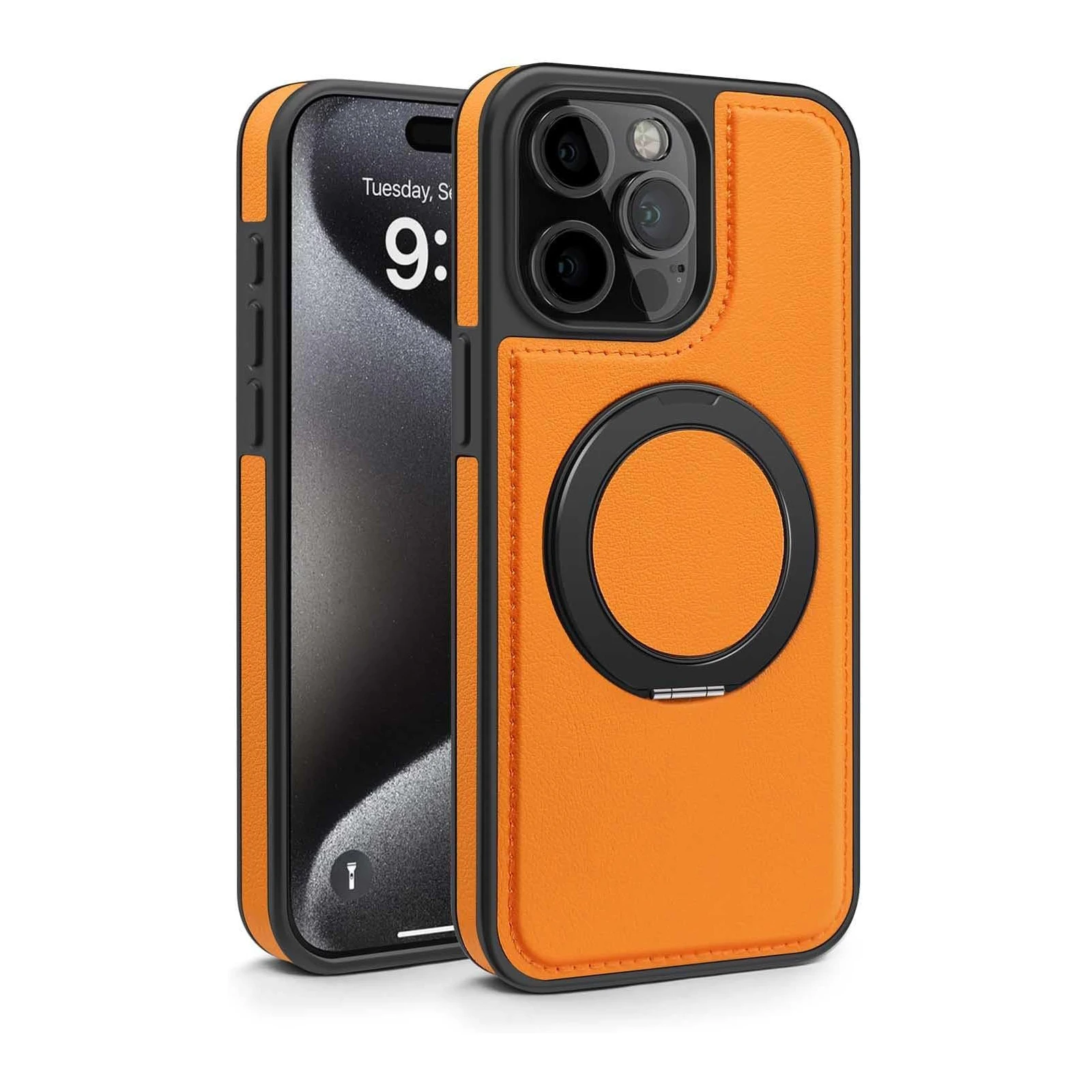 

Retro Leather Phone Case for iPhone 16/16 Plus/16 Pro/16 Pro Max - With Adjustable Ring Stand and Wireless Charging Support