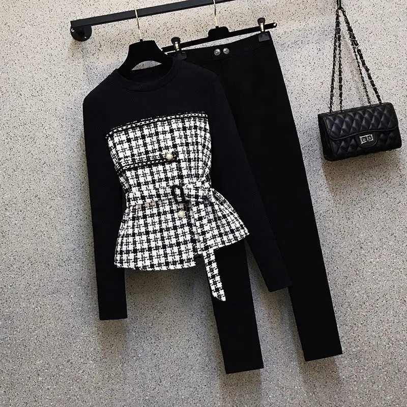 Plaid Patchwork Belt Decoration Long-sleeved T-shirt Casual Pencil Pants Two-piece Elegant Women\'s Pants Suit Street Outfits