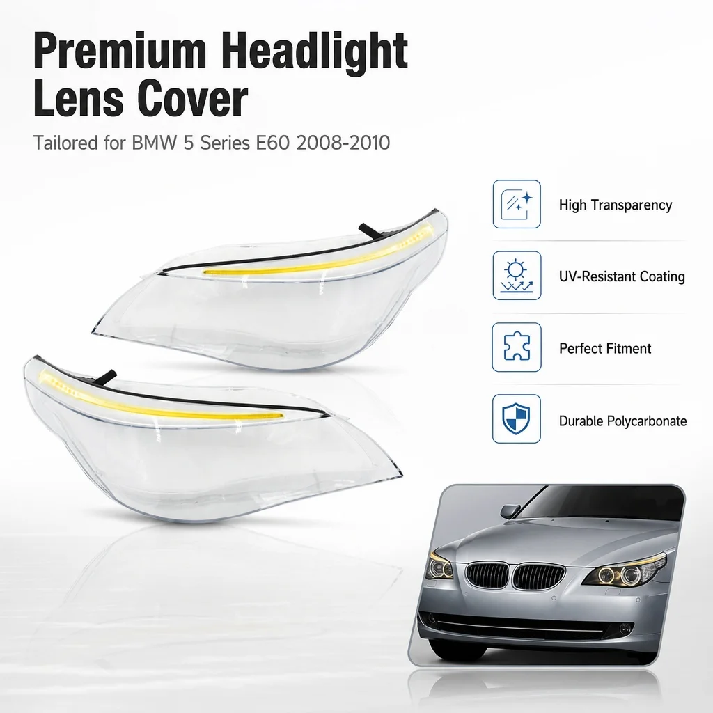 Pour BMW E60 Série 5 2008-2010, 1 paire de protections de phares avec module de clignotant LED et scellant transparent 4M, étanche, anti-poussière, haute transparence, résistant aux UV, résistant aux chocs, anti-rayures, installation facile, ajustement direct, qualité OEM durable.