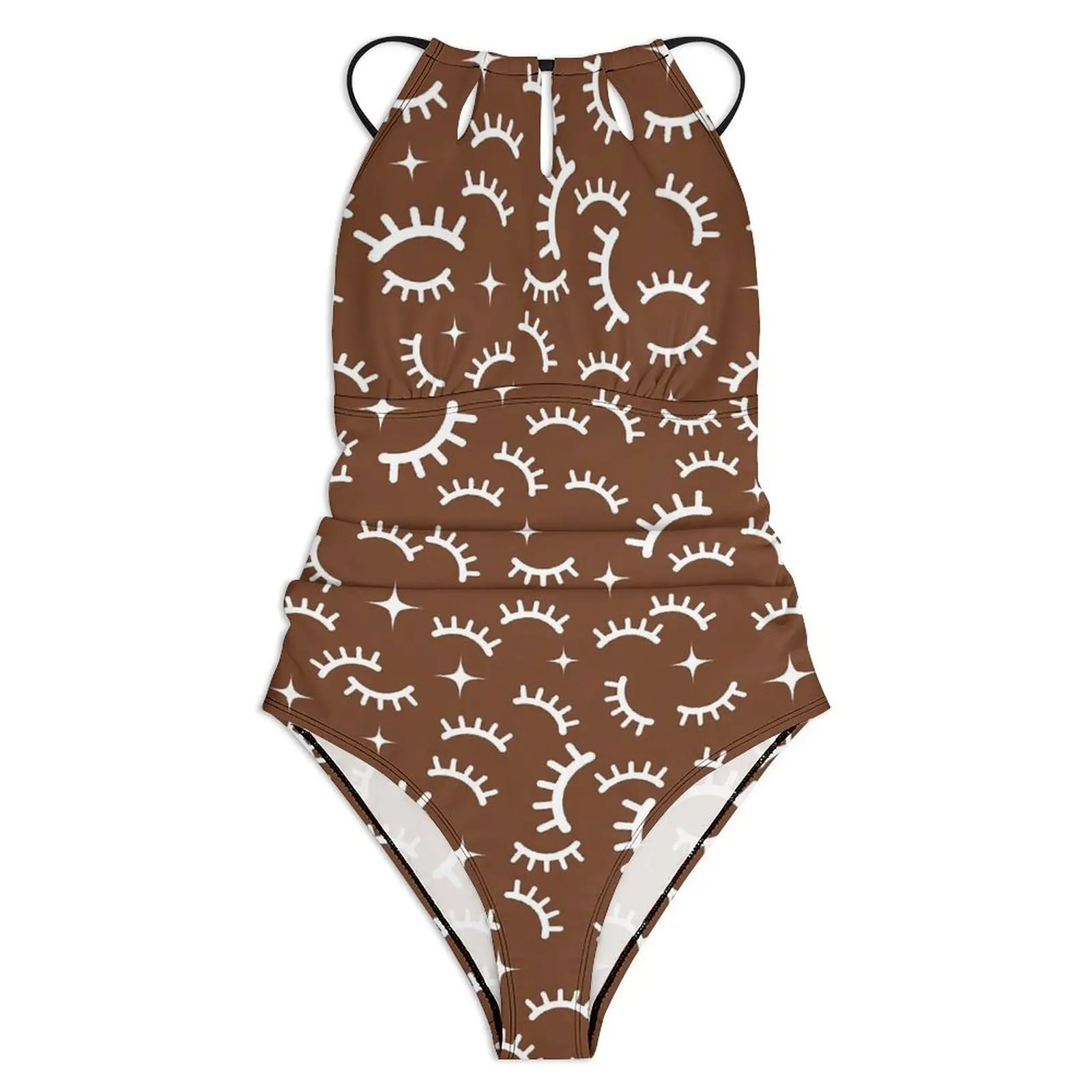 Eyelashes Print Swimsuit Sexy White And Brown Women Swimwear One Piece Retro Swimsuits Fitness Push Up Hollow Out Beach Wear