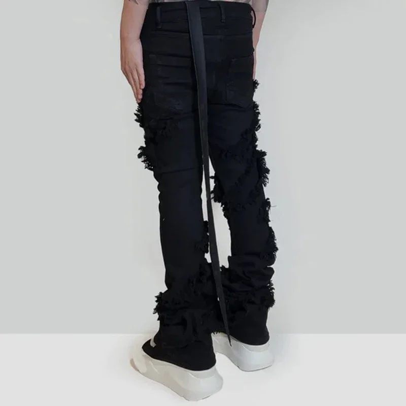 

Ribbons Tassel High Elasticity Black Jeans for Men Pantalones Hombre Straight Baggy Flare Pnats Oversized Y2k Denim Trousers