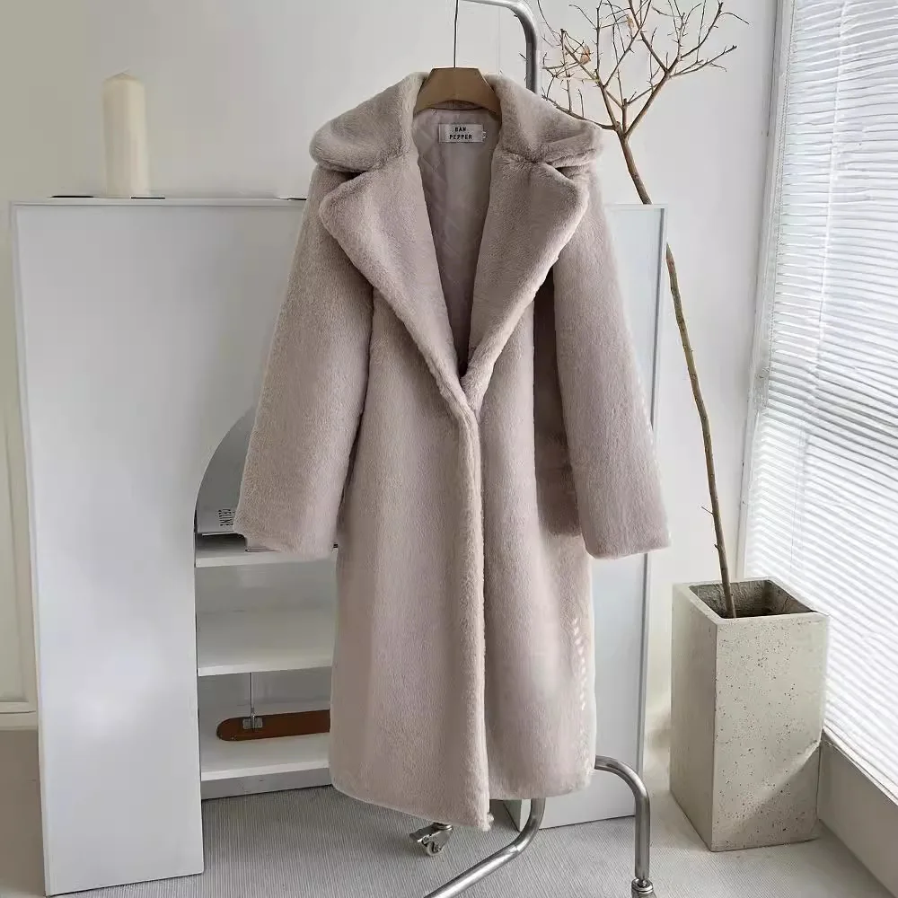 Winter Belted Women Artificial Fur Overcoat Long Lapel Collar Pockets Female Mink Fur Coat Cinched Waist Slim Lady Eco Fur Coat