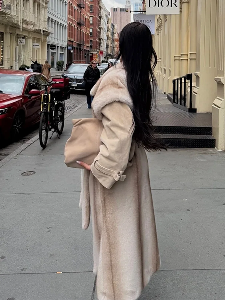 Moda patchwork finta pelliccia di visone giacca lunga manica lunga girocollo cappotto lungo peloso 2025 nuova signora autunno inverno capispalla