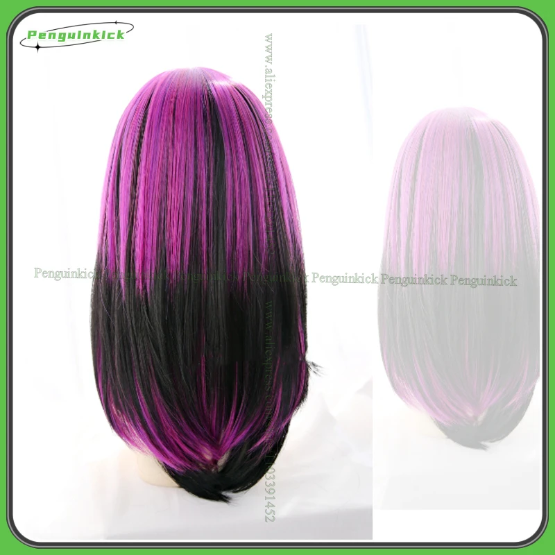 Women Long Straight Synthetic Wig Highlight Bangs Black Mixed Purple Layered Hair Adult Lolita Simulated Scalp Heat Resistant JK