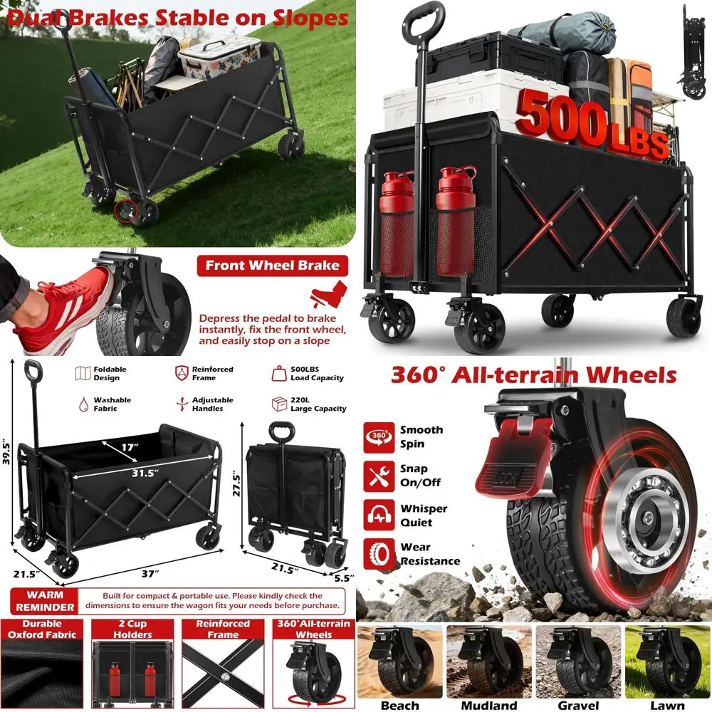 

Collapsible Heavy-Duty Utility Wagon with 500lbs Capacity, All-Terrain Wheels, and Brakes for Outdoor, Beach, and Grocery Haulin