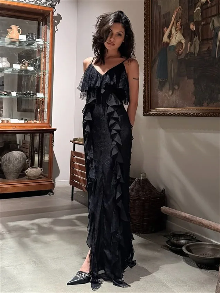 

Tossy Ruffled Backless Fashion Maxi Dress Women's High Waist Off-Shoulder Spaghetti Solid Sexy Party Dress Female Halter Dresses