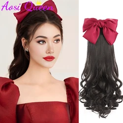 AOSI Synthetic Ponytail Wig For Women Red Bow Hair Comb Long Curly Fake Ponytail Braid Retro Headdress Party Wig